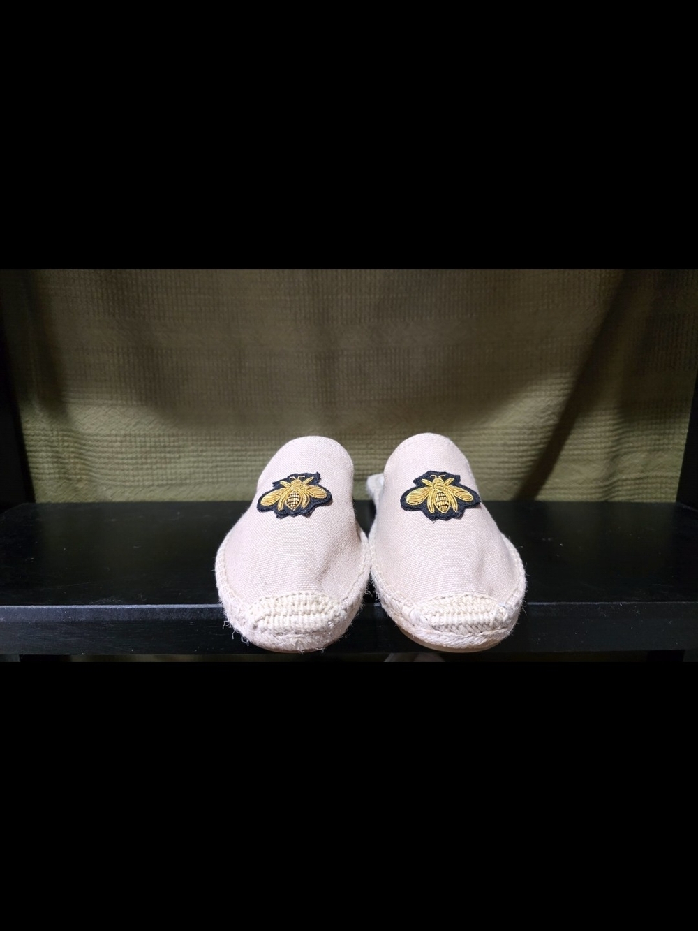 Soludos Beige Espadrille Slip-Ons with Gold Bee Patch
